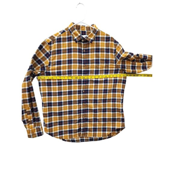 Mens Flannel Mustard Blue Plaid Button-Down Collar Shirt L Regular Fit Long Slee - Picture 5 of 13